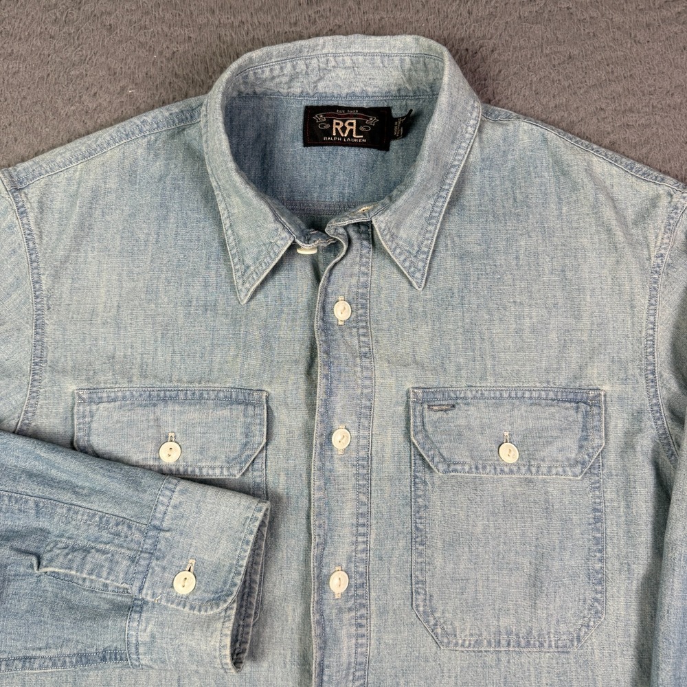 RRL Ralph Lauren Shirt Mens M Blue Chambray Denim Work Utility Cat Eye Buttons